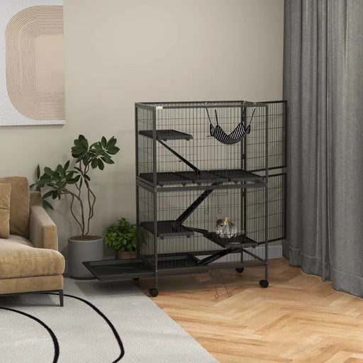 Multi-Level Small Animal Cage – Grey | Large Metal Ferret and Chinchilla Enclosure PAWHUT - Little and Giant Explorers PawHut