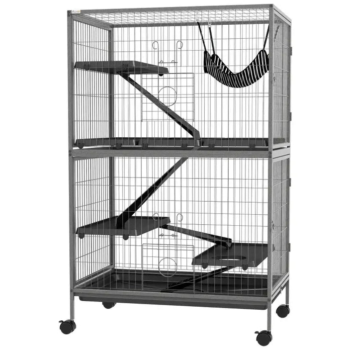Multi-Level Small Animal Cage – Grey | Large Metal Ferret and Chinchilla Enclosure PAWHUT - Little and Giant Explorers PawHut