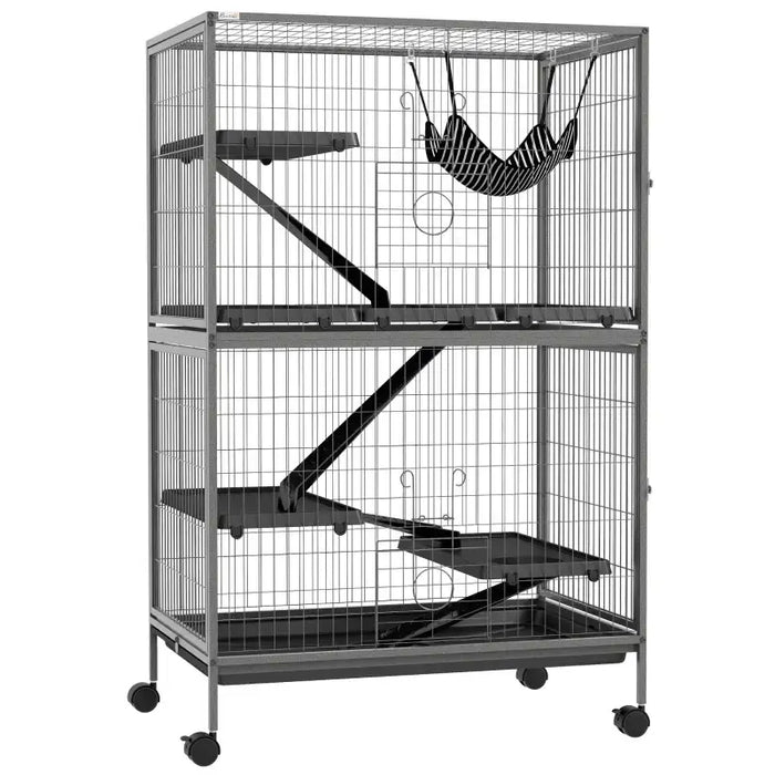 Multi-Level Small Animal Cage – Grey | Large Metal Ferret and Chinchilla Enclosure PAWHUT - Little and Giant Explorers PawHut