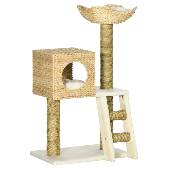 Natural woven cat tree with cozy cube, curved perch, sisal-covered posts, and plush ladder