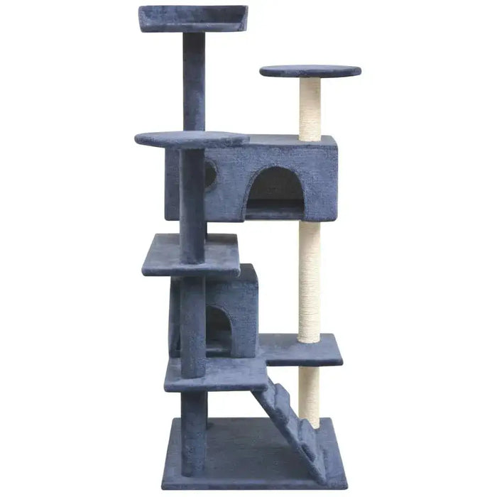 Multi-storey dark blue cat tree with sisal scratch posts and platforms