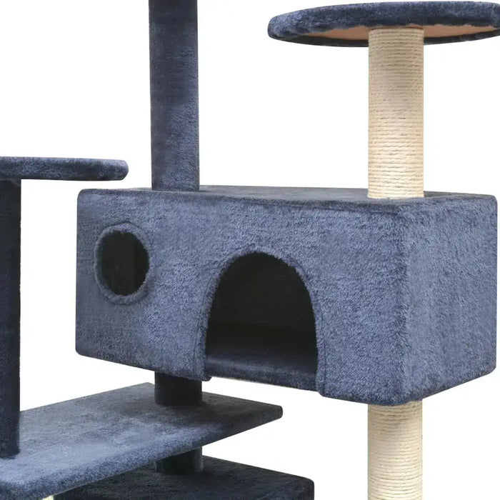 Dark blue multi-storey cat tree with sisal scratch posts and pet condo