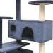 Dark blue multi-storey cat tree with sisal scratch posts and pet condo