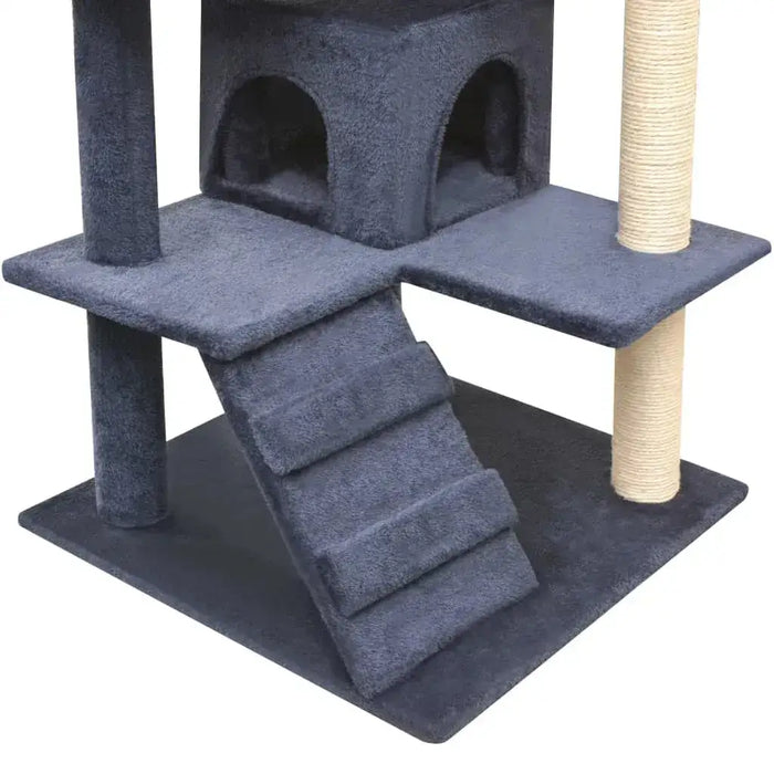 Dark blue multi-storey cat tree with sisal scratching posts, ramp, and cubby holes