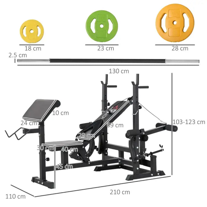Multi-Use Weight Bench - 20kg Barbell | Adjustable Preacher Curl, Leg Curl and Bench Press Station HOMCOM - Little and Giant Explorers HOMCOM