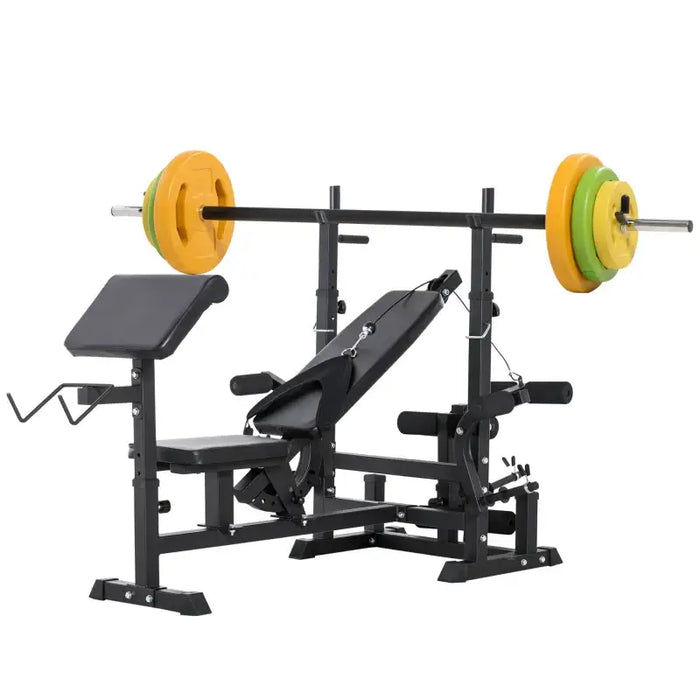 Multi-Use Weight Bench - 20kg Barbell | Adjustable Preacher Curl, Leg Curl and Bench Press Station HOMCOM - Little and Giant Explorers HOMCOM