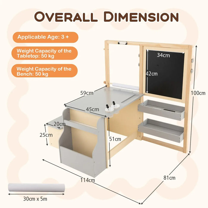 Dimensions of a children's desk with chalkboard and shelves, showing applicable age, weight capacities, and dimensions.