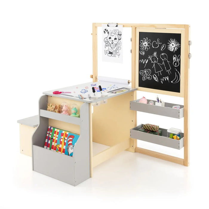 Children's art desk with drawing materials and storage shelves on a white background