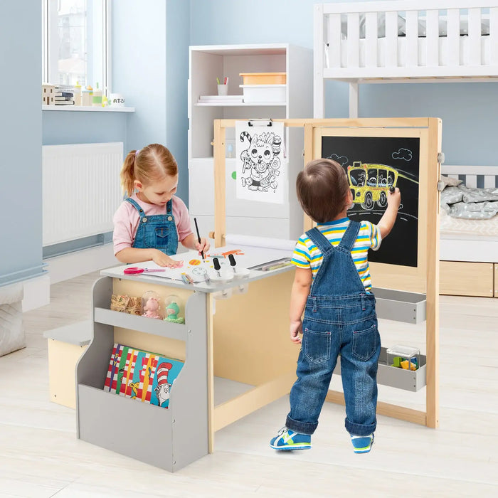 Children's art desk with drawing materials and storage shelves in a bedroom setting with kids playing and drawing