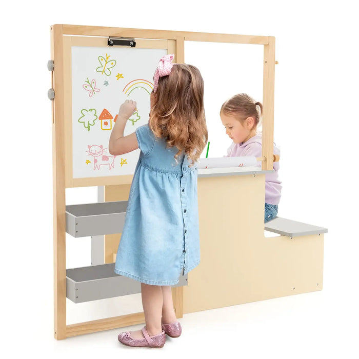Children's art desk with drawing materials and storage shelves on a white background with kids drawing