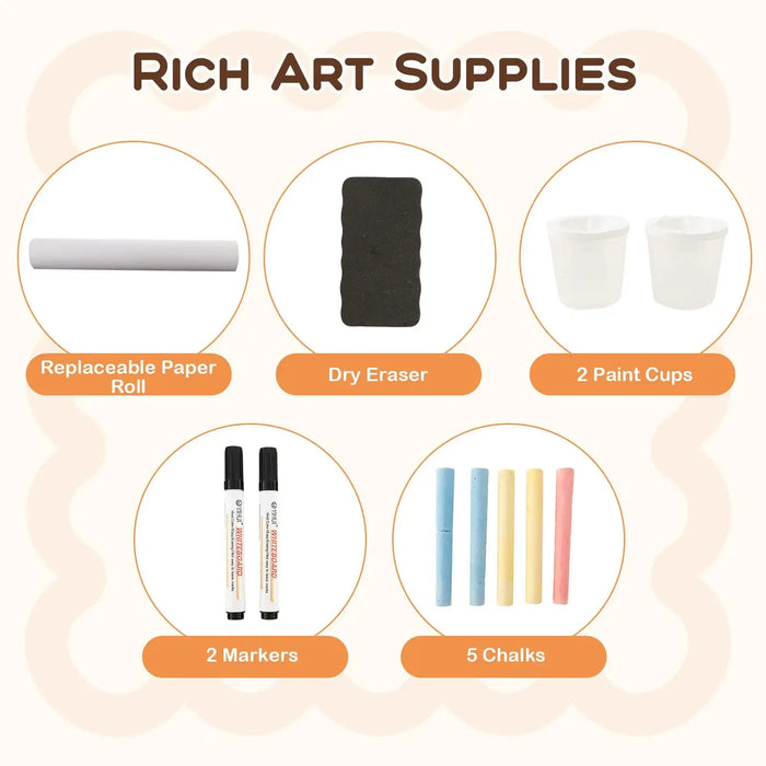 Collection of art supplies including a replaceable paper roll, dry eraser, paint cups, markers, and chalks on a light background.