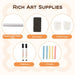 Collection of art supplies including a replaceable paper roll, dry eraser, paint cups, markers, and chalks on a light background.