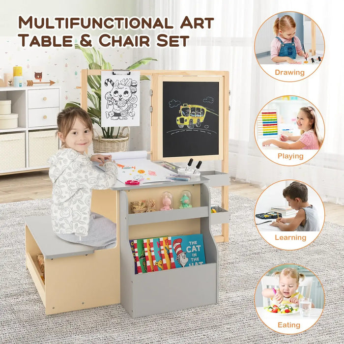 Multifunctional art table and chair set with a child using it, surrounded by illustrations of activities.