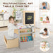 Multifunctional art table and chair set with a child using it, surrounded by illustrations of activities.