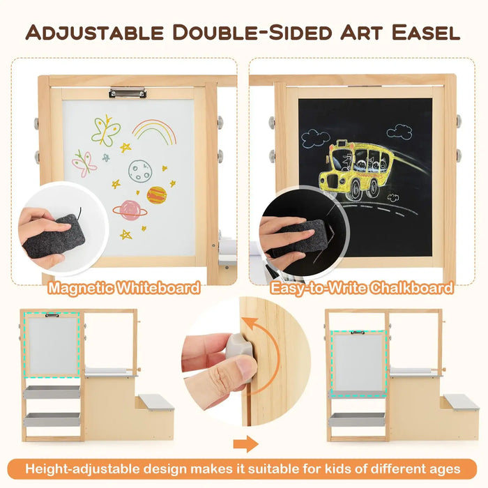 Adjustable double-sided art easel with magnetic whiteboard and easy-to-write chalkboard, suitable for kids of different ages.