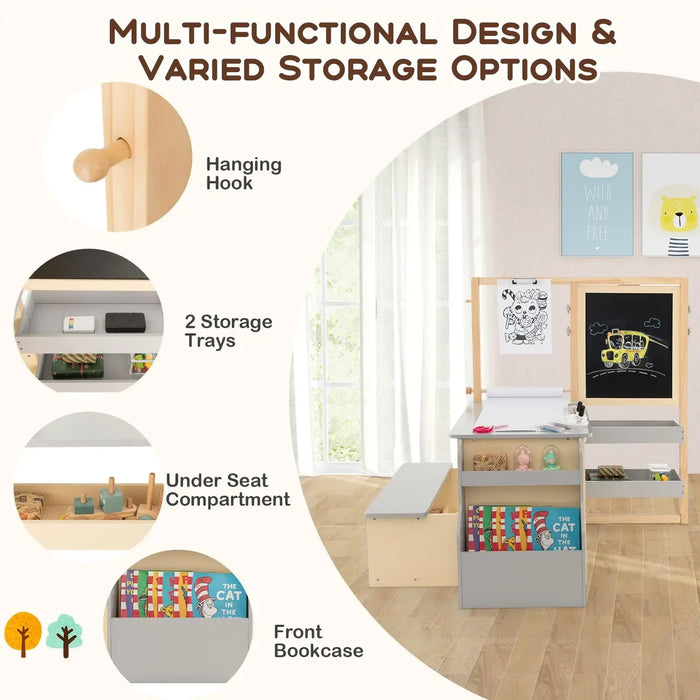 Children's play area with storage compartments and educational elements.