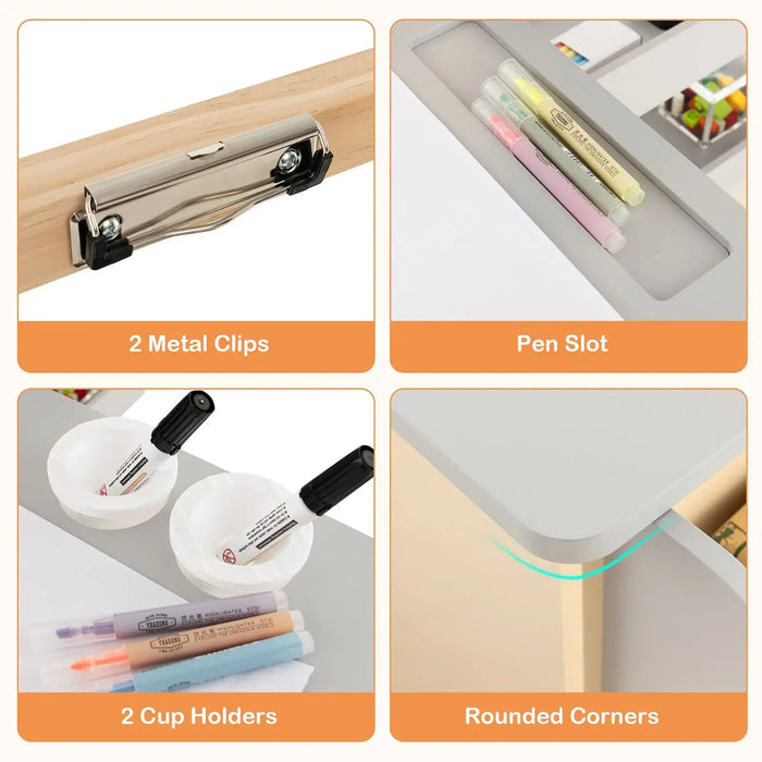 Collage of a desk organizer with features highlighted, including metal clips, pen slot, cup holders, and rounded corners.