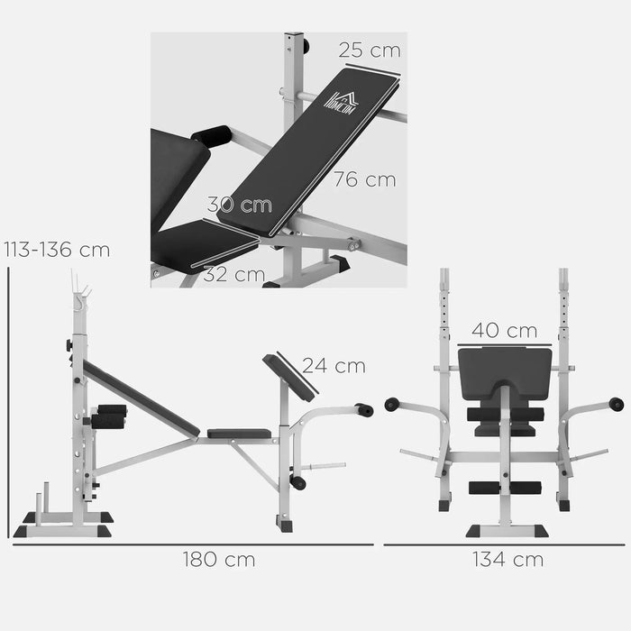 Gym bench with adjustable components and dimensions labeled on a white background