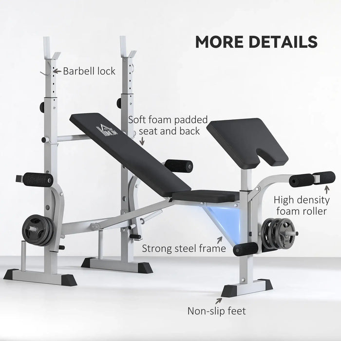 Gym bench with labeled features on a white background