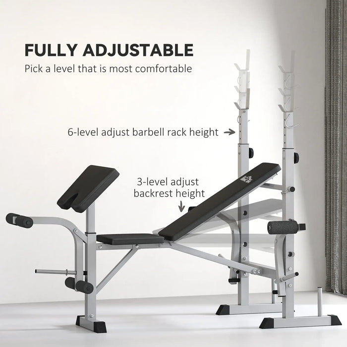 Adjustable weight bench with height adjustment labels on a white background