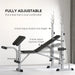 Adjustable weight bench with height adjustment labels on a white background