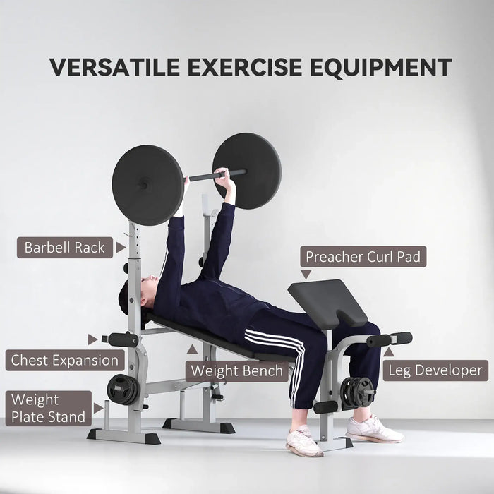 Person using a weight bench with labeled exercise equipment on a gray background