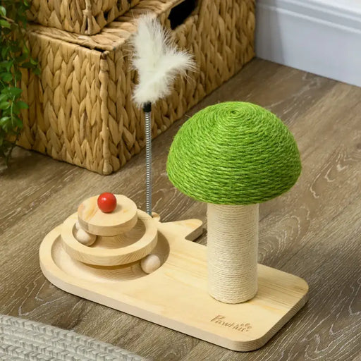 Mushroom Cat Scratching Post – Pine Wood and Sisal | Interactive Balls and Feathers PAWHUT - Little and Giant Explorers PawHut