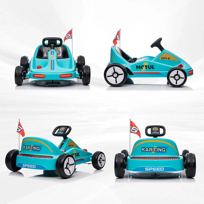 Four views of a turquoise toy go-kart with branding on a white background