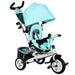 Children's tricycle with turquoise canopy on a white background