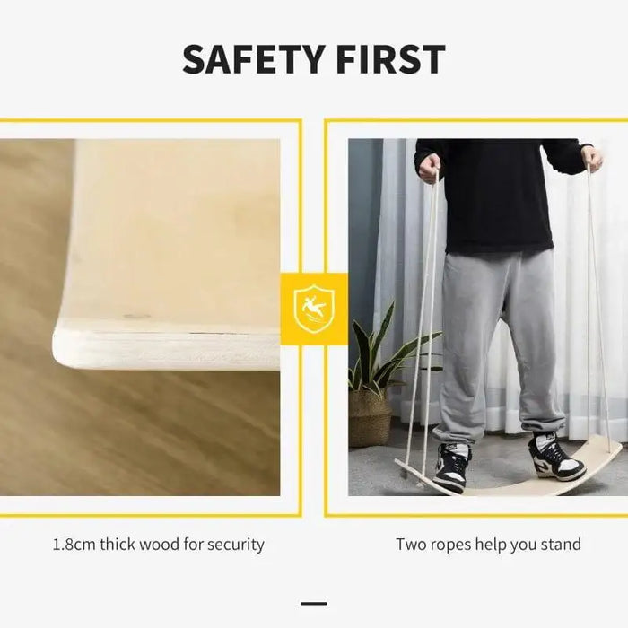 Natural beech wood wobble balance board with ropes for adults and kids, safety features shown