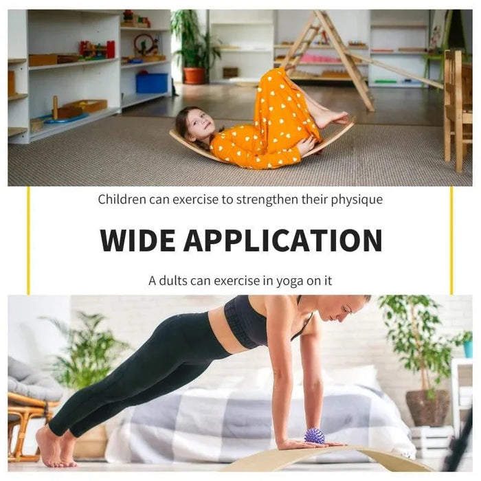 Natural beech wood wobble balance board used by child indoors and adult for yoga exercise