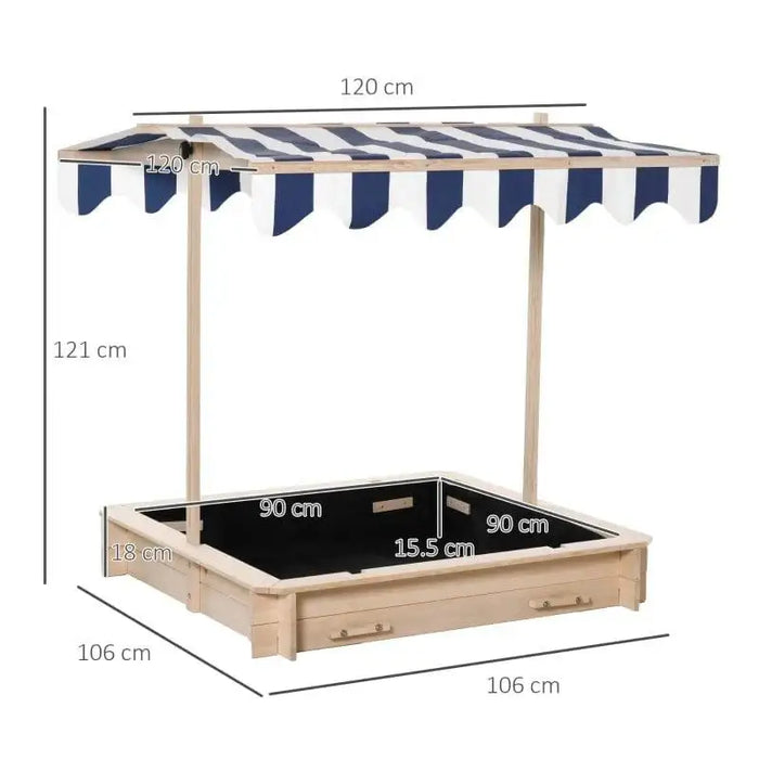 Natural wood sandbox with benches, blue and white adjustable canopy, and measurement labels