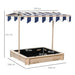 Natural wood sandbox with benches, blue and white adjustable canopy, and measurement labels