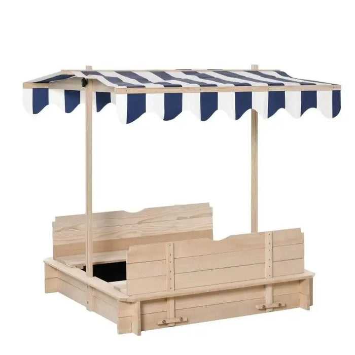 Natural wood sandbox with benches and blue-white striped adjustable canopy