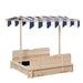 Natural wood sandbox with benches and blue-white striped adjustable canopy