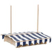 Natural wood sandbox with benches and blue-white adjustable canopy for kids
