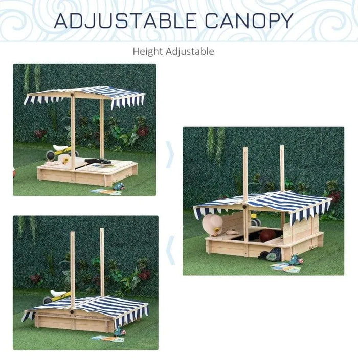 Natural wood sandbox with blue-white adjustable canopy and benches on grass