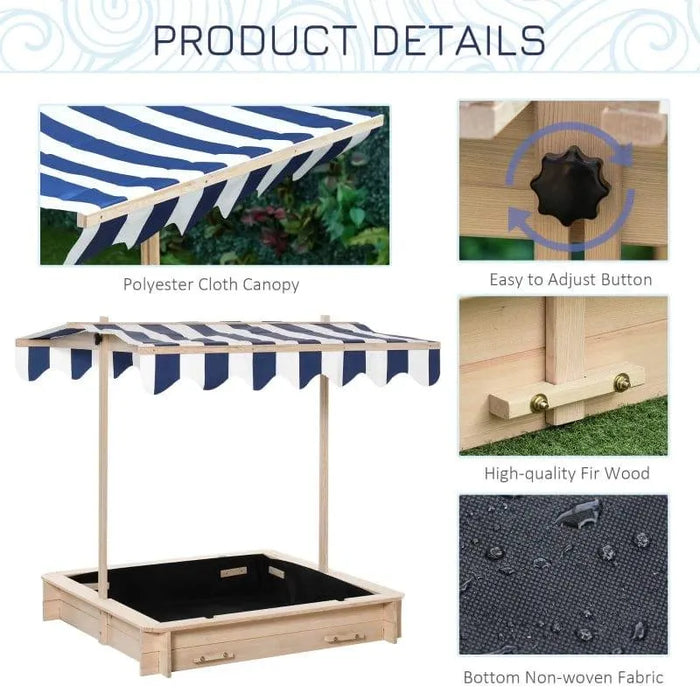 Natural wood sandbox with blue striped canopy, adjustable button, fir wood, non-woven bottom