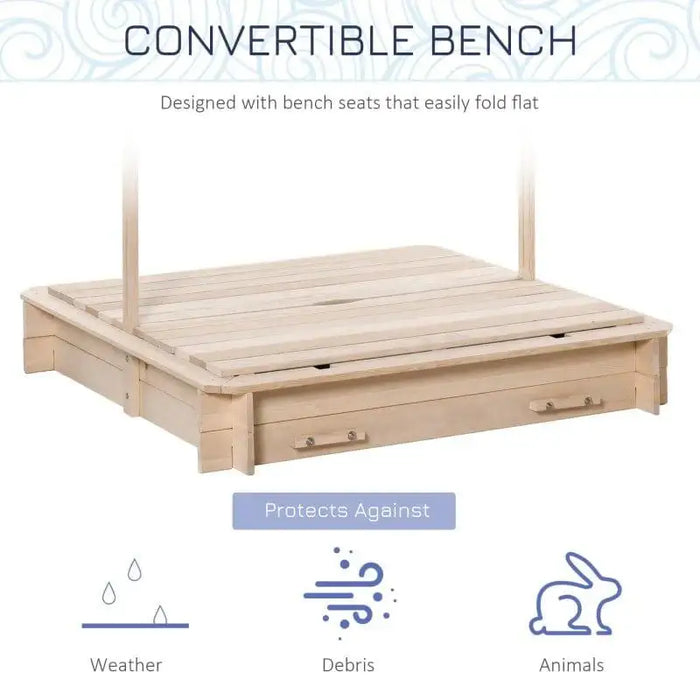 Natural wood sandbox with convertible bench seats and closed lid, protects against weather, debris, and animals.