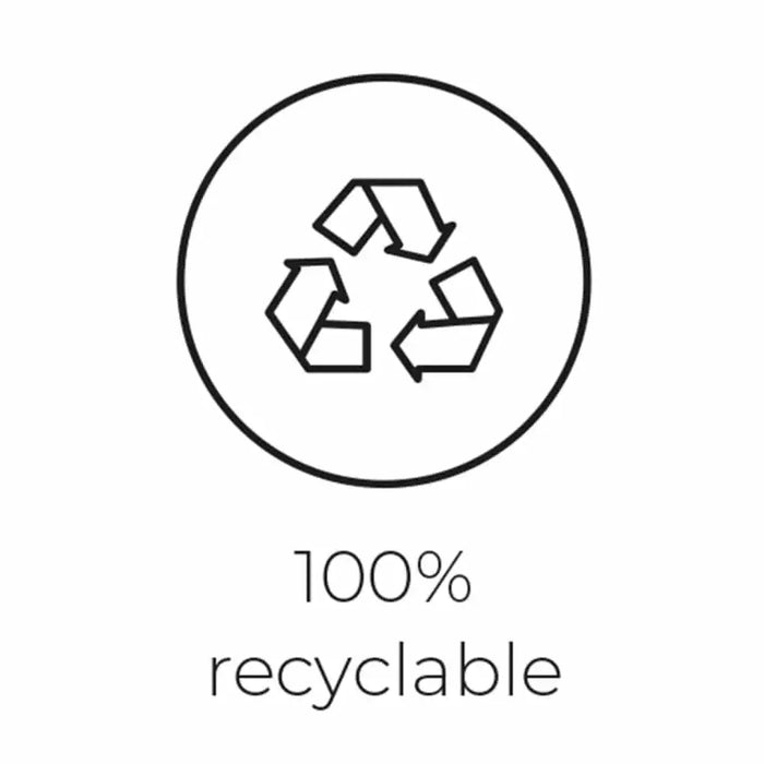 Black recycling symbol in a circle with text '100% recyclable' on white background