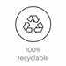 Black recycling symbol in a circle with text '100% recyclable' on white background
