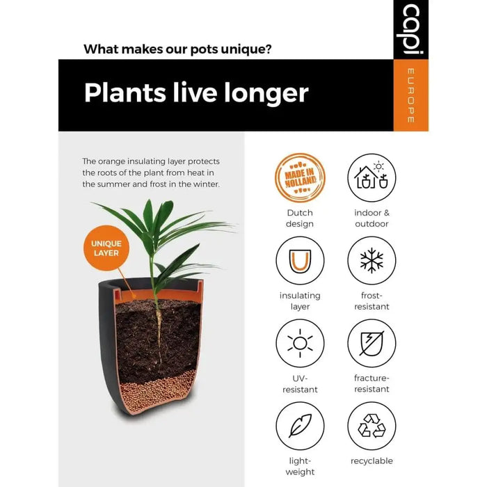 Anthracite double-walled flower pot with orange insulation layer and plant cross-section, eco-friendly features.
