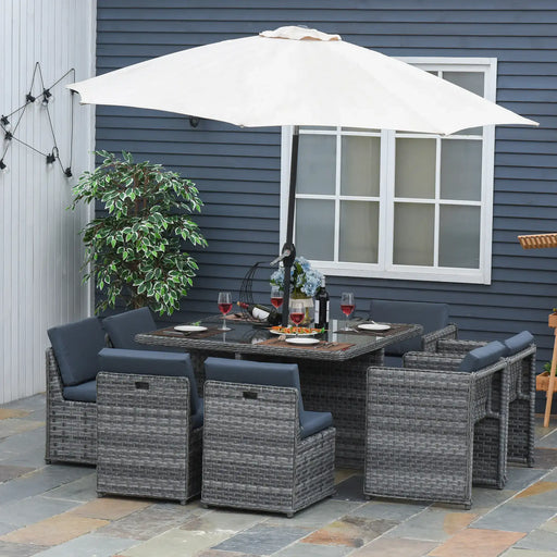 Nine-Piece Rattan Garden Dining Set Mixed Grey | Tempered Glass Table for Outdoor Entertainment - Little and Giant Explorers Outsunny
