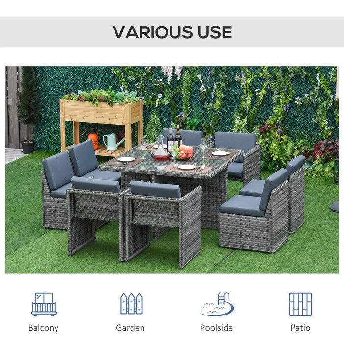 Nine-Piece Rattan Garden Dining Set Mixed Grey | Tempered Glass Table for Outdoor Entertainment - Little and Giant Explorers Outsunny