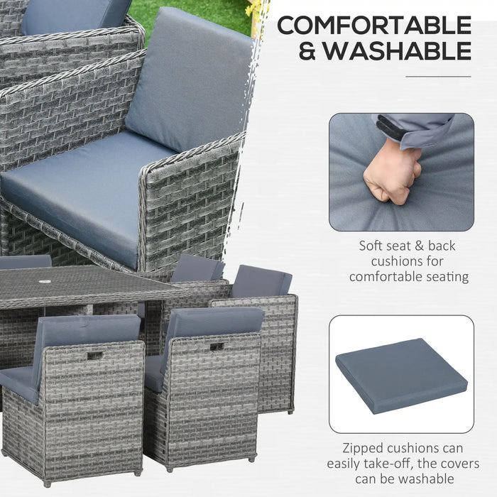 Nine-Piece Rattan Garden Dining Set Mixed Grey | Tempered Glass Table for Outdoor Entertainment - Little and Giant Explorers Outsunny