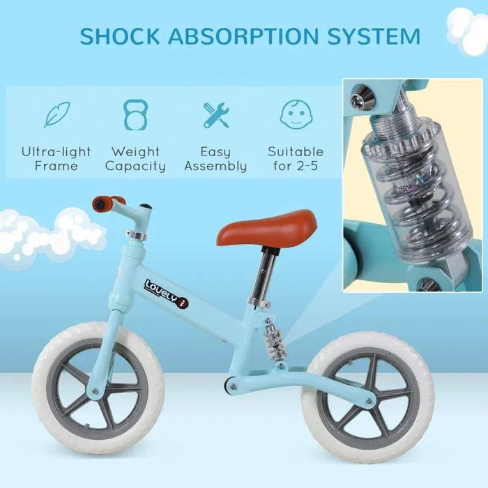Blue no-pedal balance bike with shock absorption, adjustable seat, and metal frame for toddlers