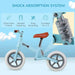 Blue no-pedal balance bike with shock absorption, adjustable seat, and metal frame for toddlers
