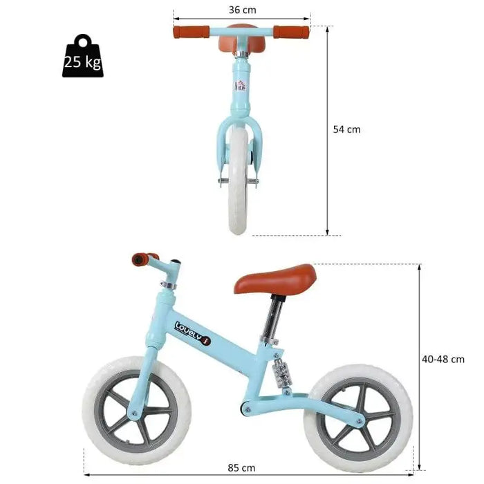 Blue no-pedal balance bike with adjustable seat, metal frame, 25kg weight limit, and measurements.