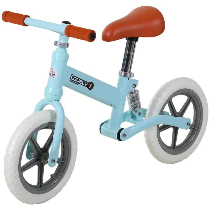 Blue no-pedal balance bike with adjustable seat, metal frame, and white wheels