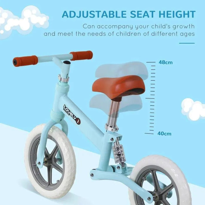 Blue no-pedal balance bike with adjustable seat, white wheels, and metal frame for kids.